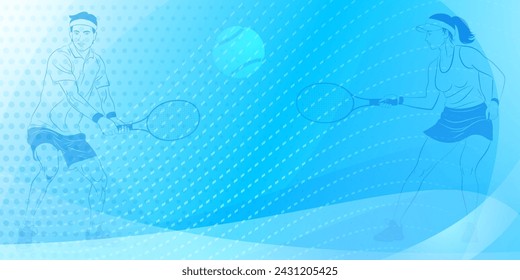 Tennis themed background in blue tones with abstract curves lines and dots, with two tennis players, a man and a woman, holding a rackets to hit the ball