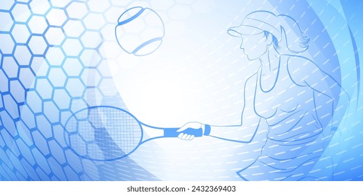 Tennis themed background in blue tones with abstract meshes, curves and dotted lines, with a female tennis player in action, swinging a racket to hit the ball away