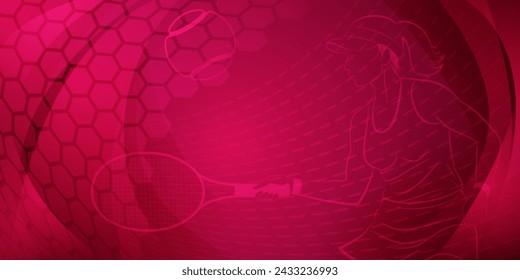 Tennis themed background in crimson tones with abstract meshes, curves and dotted lines, with a female tennis player in action, swinging a racket to hit the ball away