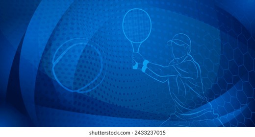 Fondo temático de tenis en tonos azul oscuro con mallas abstractas, curvas y puntos, con un jugador de tenis masculino en acción, sosteniendo una raqueta para golpear la pelota lejos