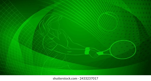 Fondo temático de tenis en tonos verde oscuro con líneas abstractas, curvas y puntos, con una tenista femenina en acción, balanceando una raqueta para golpear la pelota lejos