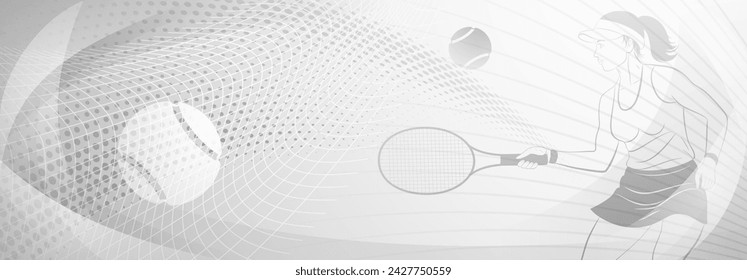 Tennis themed background in gray tones with abstract lines curves and dots, with a female tennis player in action, swinging a racket to hit the ball away