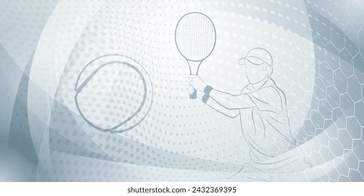 Tennis themed background in gray tones with abstract meshes, curves and dots, with a male tennis player in action, holding a racket to hit the ball away