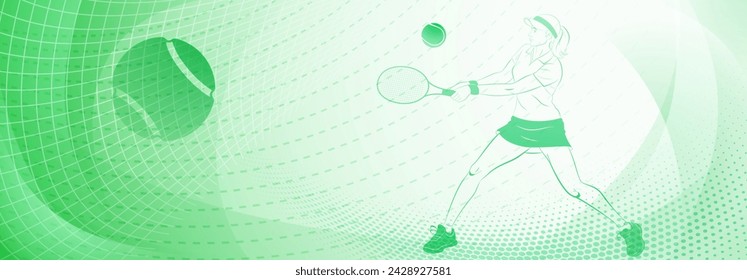 Tennis themed background in green tones with abstract lines curves and dots, with a female tennis player in action, swinging a racket to hit the ball away