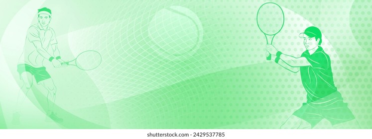 Tennis themed background in green tones with abstract curves lines and dots, with a two male tennis players in action, each holding a racket to hit the ball away