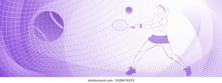 Tennis themed background in purple tones with abstract lines curves and dots, with a female tennis player in action, swinging a racket to hit the ball away