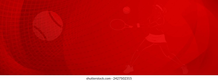 Fondo temático de tenis en tonos rojos con líneas abstractas, curvas y puntos, con una tenista femenina en acción, balanceando una raqueta para golpear la pelota lejos