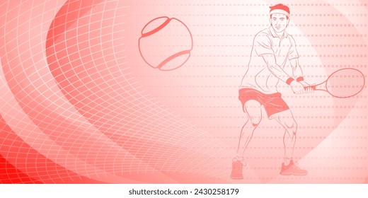 Tennis themed background in red tones with abstract curves lines and dots, with a male tennis player in action, holding a racket to hit the ball away