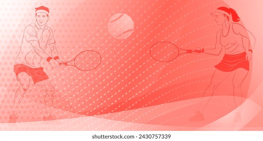 Tennis themed background in red tones with abstract curves lines and dots, with two tennis players, a man and a woman, holding a rackets to hit the ball