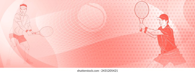 Tennis themed background in red tones with abstract curves lines and dots, with a two male tennis players in action, each holding a racket to hit the ball away
