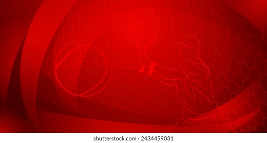 Fondo temático de tenis en tonos rojos con mallas abstractas, curvas y puntos, con un jugador de tenis masculino en acción, sosteniendo una raqueta para golpear la pelota lejos