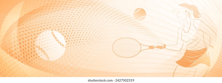 Tennis themed background in yellow tones with abstract lines curves and dots, with a female tennis player in action, swinging a racket to hit the ball away