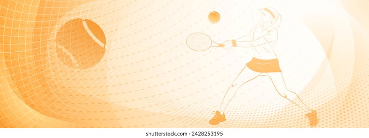 Tennis themed background in yellow tones with abstract lines curves and dots, with a female tennis player in action, swinging a racket to hit the ball away