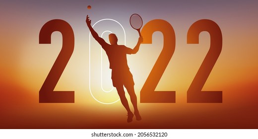 Tennis-thematisches Sportkonzept für eine Grußkarte 2022, die einen Tennisspieler zeigt, der eine Diät macht.