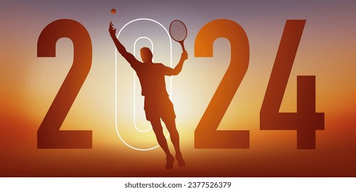 El concepto de deporte temático del tenis para la tarjeta de felicitación 2024, muestra a un tenista haciendo un servicio.