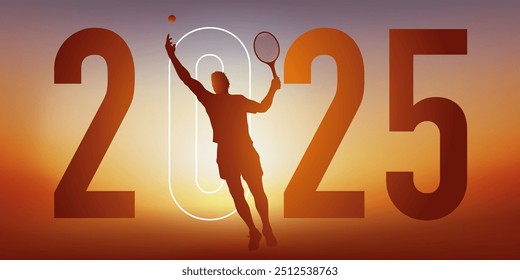 Sportkonzept zum Thema Tennis für eine Grußkarte 2025, die einen Tennisspieler beim Servieren zeigt.