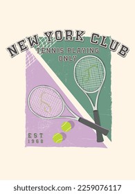 Tennis themed vector graphic written in varsity font. Tennis ball, tennis racket and city name are used.