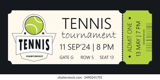 Tennis torn-off ticket template. Vector illustration of entrance ticket for tennis day. Modern linear badge design with ball. Editable stroke.