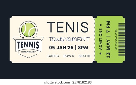 Tennis torn-off ticket template. Vector illustration of entrance ticket for tennis day. Modern linear badge design with ball. Editable stroke.