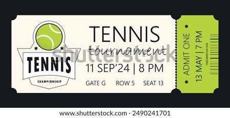 Tennis torn-off ticket template. Vector illustration of entrance ticket for tennis day. Modern linear badge design with ball. Editable stroke.