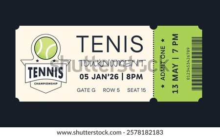 Tennis torn-off ticket template. Vector illustration of entrance ticket for tennis day. Modern linear badge design with ball. Editable stroke.