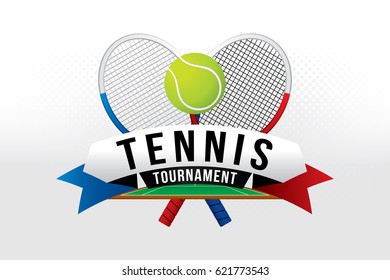 Tennis tournament badge design with racket and ball on green grass court.