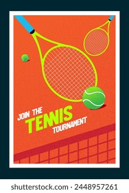 Torneo de tenis, campeonato, copa de tenis. Cartel con la Imagen de raquetas de tenis, pelotas de tenis sobre un fondo rojo. Anuncio, volante, póster de Vector