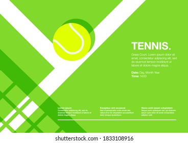 Tennis Tournament or Championship Landscape Poster. Grass Court with Ball on Line. Net Shadow. Close up Angle. Flat, Simple, Retro style - Vector