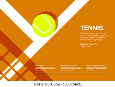 Tennis Tournament or Championship Landscape Poster. Orange, Clay Court with the Ball on the Line. Net Shadow. Close up. Flat, Simple, Retro style - Vector