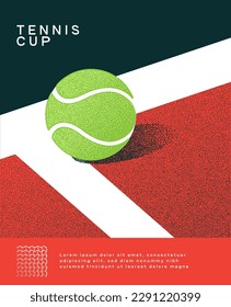 Afiche de torneo de tenis o campeonato. Pista de arcilla con una bola en línea blanca. Sombra pura. Estilo simple y retro - vector