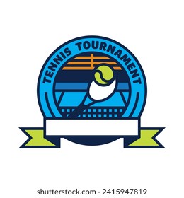 Tennis tournament circle sport logo template blue court orange tribune white racket and green ball with empty ribbon for tournament name.