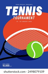 Plantilla de póster y folleto de la competencia del torneo de tenis. Pelota de tenis y raqueta de estilo isométrico. Color brillante de neón. Elemento de diseño para impresión, folleto, folleto, Ilustración vectorial