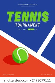 Plantilla de póster y folleto de la competencia del torneo de tenis. Pelota de tenis en la cancha con color brillante de neón vívido. Elemento de diseño para impresión, folleto, folleto, Ilustración vectorial