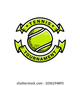 Tennis tournament emblem, illustration, logotype, modern line style, green color, on a white background. The tennis ball is framed from above and from below by two green ribbons.