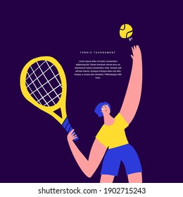 Tennis tournament, game flat vector banner template. Competition, contest announcing poster design idea. Boy with ball and racket, male tennis player with sports facilities cartoon character
