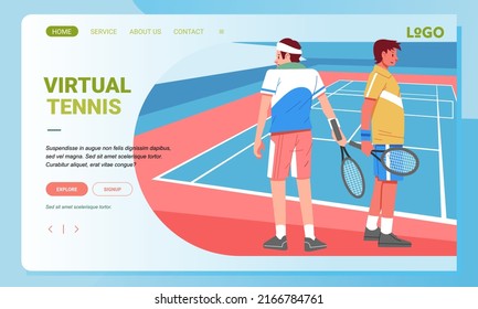 Tennis tournament landing page, two players on the side of the court flat illustration. tennis team player
