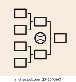 Tennis tournament playoffs chart with central tennis ball, players boxes and connection brackets vector outline icon