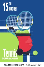 Tennis tournament poster with tennis ball shield flyer template vector illustration design. Sport championship tennis ball racket equipment template. Competitive match winner challenge.