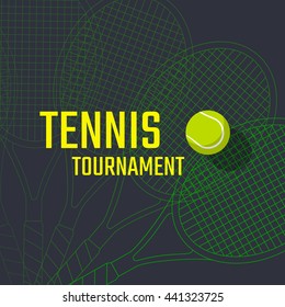 Tennis tournament poster design with racket and ball. Vector template