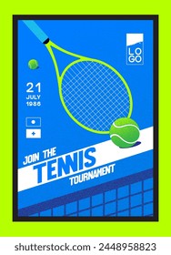 Torneo de tenis. Cartel con la Imagen de raquetas de tenis, pelotas de tenis sobre un fondo azul. Anuncio, volante, póster de Vector