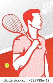 Tennis tournament poster. Tennis player with racket and ball in red colors. Sport equipment. Illustration for sports competitions, tennis championship. Modern illustration for poster, card, cover.