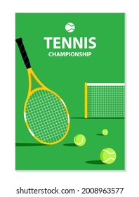 Tennis tournament poster. Tennis racket and balls on court. Sports equipment. Illustration for sports competition, lawn tennis championship. Modern illustration for poster, card, cover.