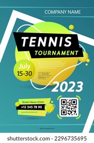 Tennis Tournament Poster Template. Abstract tennis court background with yellow ball. Stock vector modern clipart for sport projects.