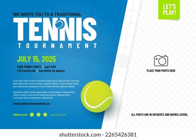 Tennis tournament poster template with ball and place for your photo - vector illustration