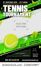 Tennis tournament poster template with ball and place for your photo - vector illustration