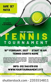 Tennis tournament poster template with ball, racket and sample text in separate layer - vector illustration