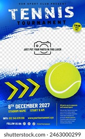 Plantilla de póster del torneo de tenis con bola, flechas y lugar para su foto - Ilustración vectorial