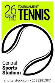 Tennis tournament. Poster template with ball. Flyer for sections tennis or tournament. Colorful symbol or emblem on white background. Design in a graphic art style. Vector illustration