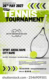 Tennis tournament poster template with ball, racket, arrows, grungy and halftone elements and place for your photo - vector illustration