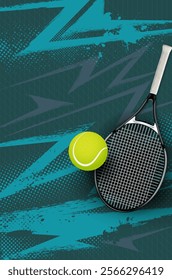 Tennis tournament poster template with ball, racket and dynamic halftone grungy background - vector illustration